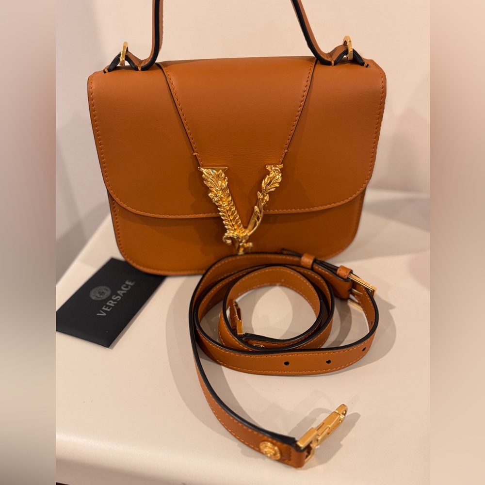 Versace Virtus small top handle shoulder bag in brown smooth leather. - Picture 8 of 8